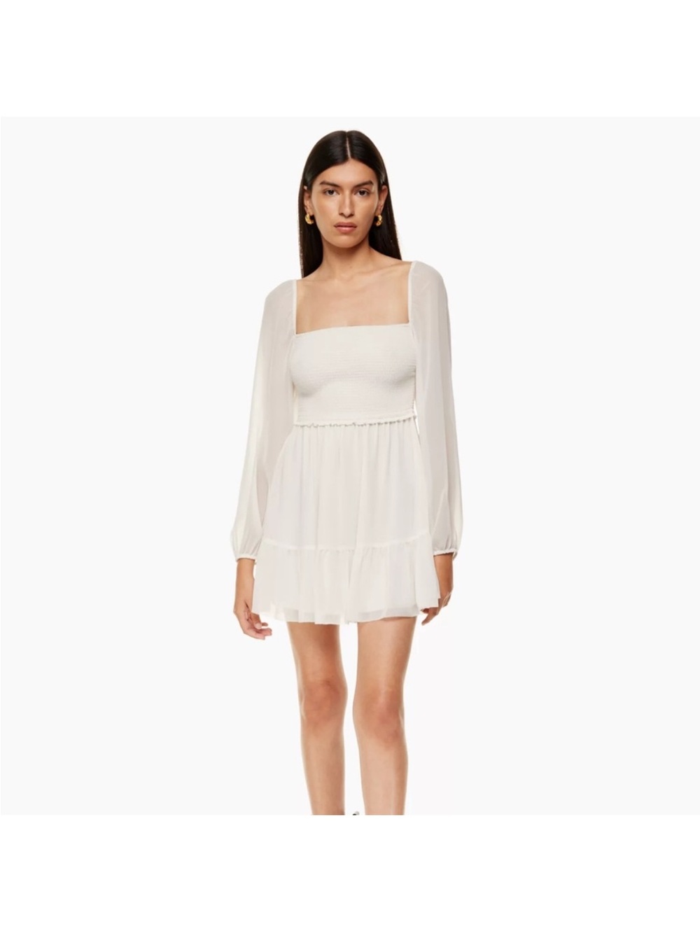 Wilfred White Smocked Ruffle-Neck Mini Dress